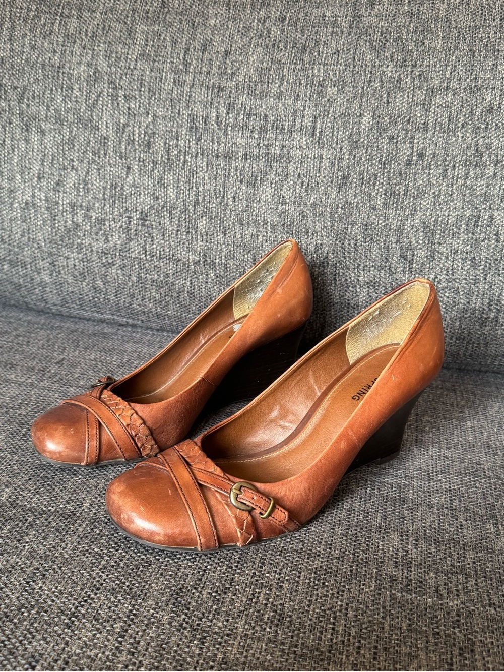 Call It Spring Brown Leather Wedge Heels With Braided Strap & Buckle Detail